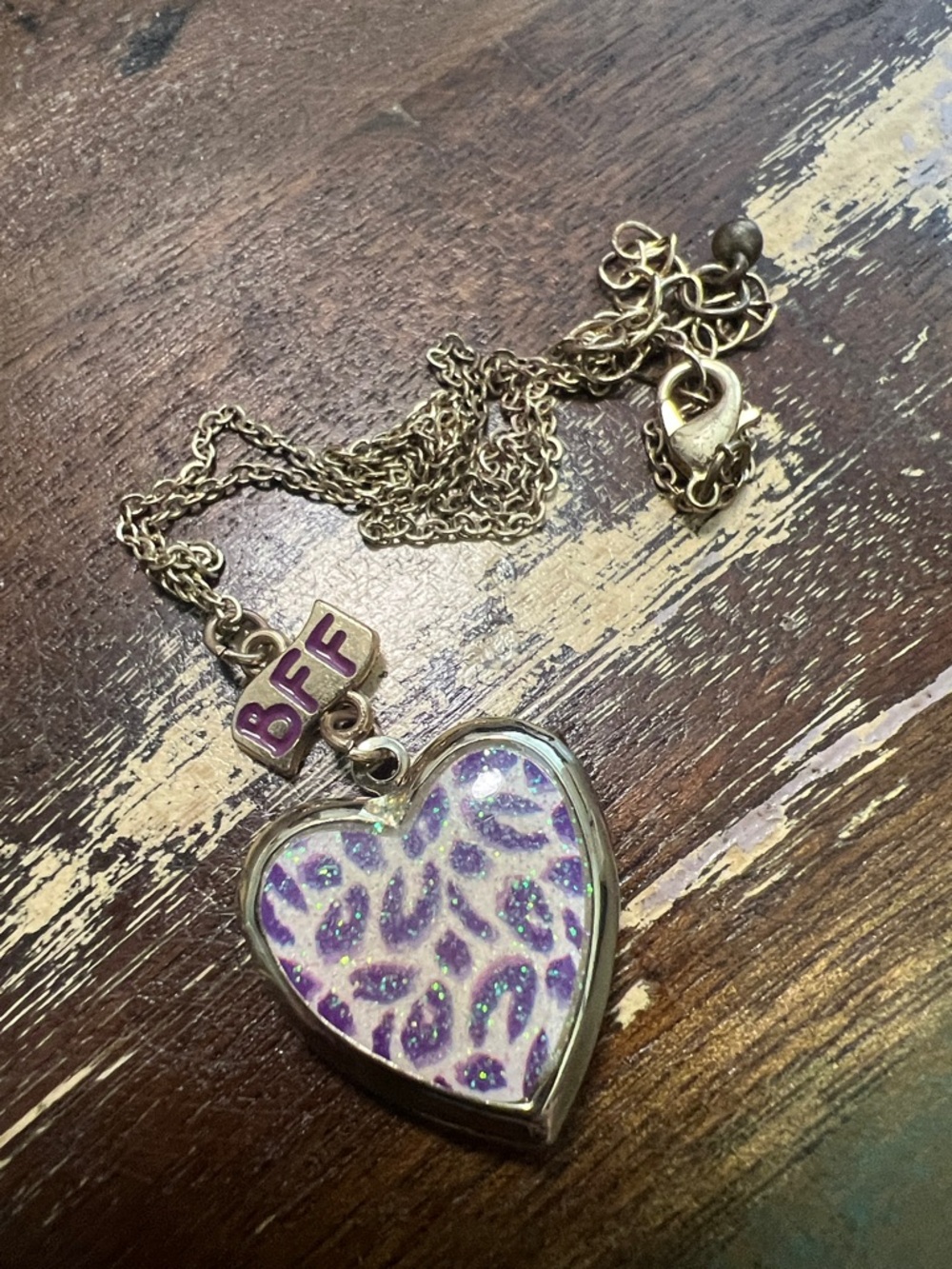 Heart Pendant Necklace with 'BFF' Charm in Purple Glitter